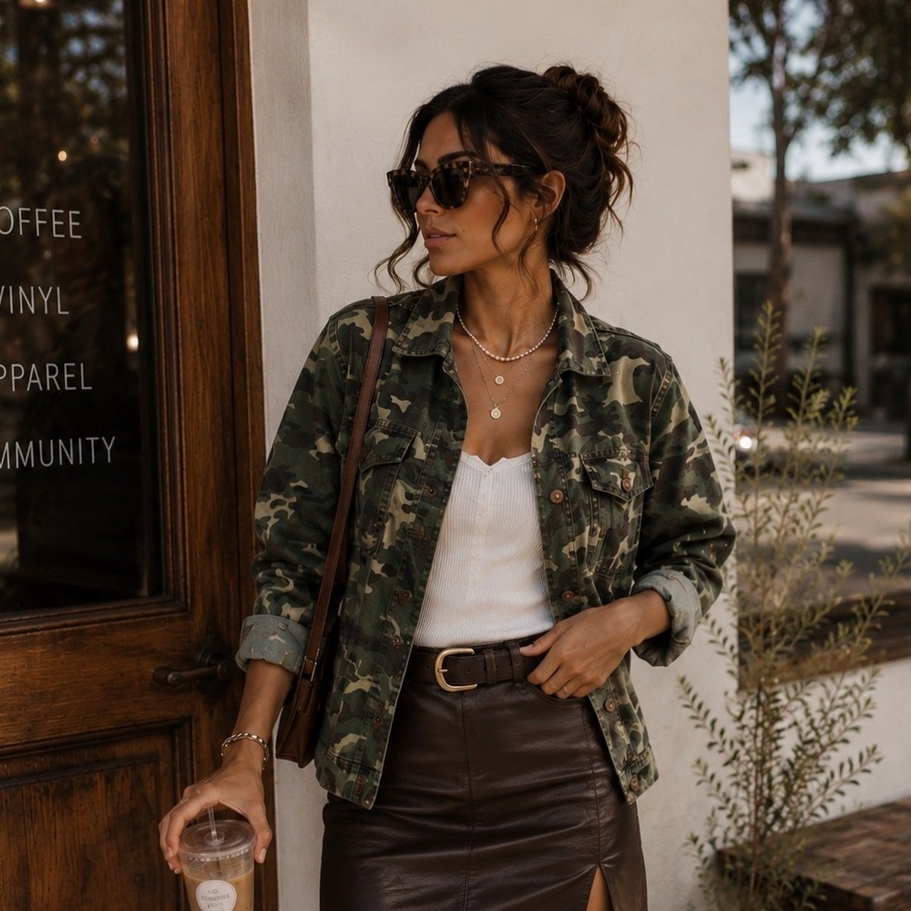Live a Little Camo Utility Jacket Green Woodland Military Field Coat  M